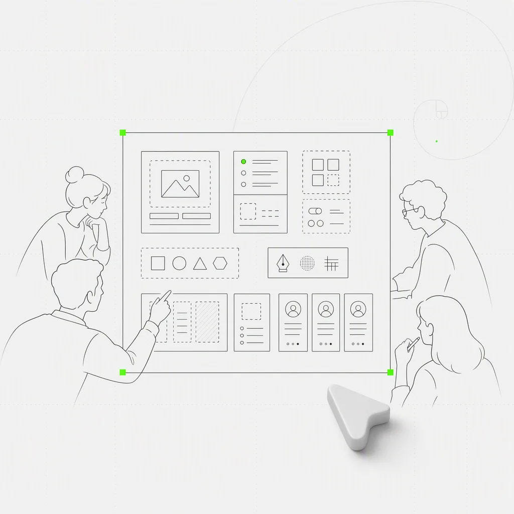 Una scheda modulare di design system, una tessera di plugin e una scheda di skill che si agganciano a uno spazio di lavoro condiviso del team, con il kit raggruppato dentro una precisa cornice di selezione verde su uno sfondo editoriale quasi bianco