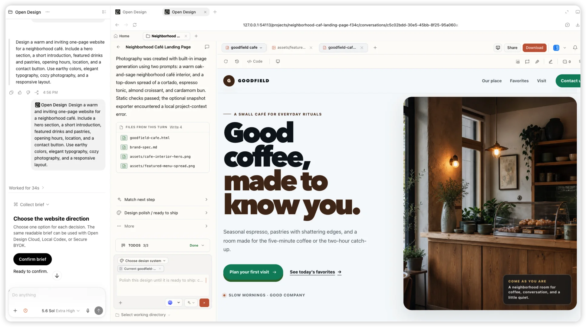 Uma tarefa real no Codex usando o plugin OpenDesign ao lado do site finalizado do café Goodfield