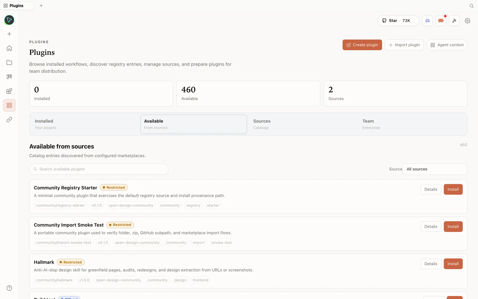 La biblioteca de plugins de OpenDesign, con habilidades instalables.